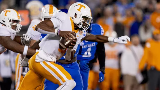 LEXINGTON, KY - November 06, 2021 - Quarterback Hendon Hooker #5 of the Tennessee Volunteers during the game between the Kentucky Wildcats and the Tennessee Volunteers at Kroger Field in Lexington, KY. Photo By Andrew Ferguson/Tennessee Athletics