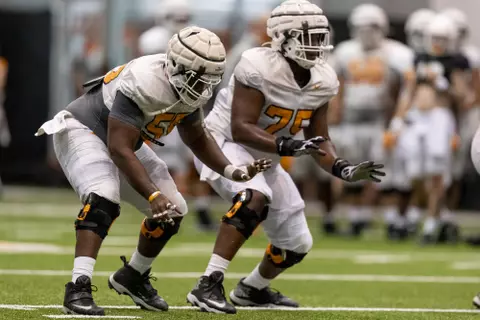 KNOXVILLE, TN - AUGUST 25, 2020 - Offensive lineman Brandon Kennedy #55 of the Tennessee Volunteers during 2020 Fall Camp practice on Robert E. White indoor field in the Anderson Training Center in Knoxville, TN. Photo By Andrew Ferguson/Tennessee Athletics
