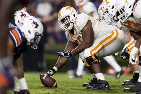 AUBURN, AL - NOVEMBER 21, 2020 - Offensive lineman Brandon Kennedy #55 of the Tennessee Volunteers during the game between the Auburn Tigers and the Tennessee Volunteers at Jordan-Hare Stadium in Auburn, AL. Photo By Andrew Ferguson/Tennessee Athletics