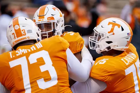 KNOXVILLE, TN - DECEMBER 05, 2020 - Offensive lineman Trey Smith #73, Running back Eric Gray #3 and Offensive lineman Jerome Carvin #75 of the Tennessee Volunteers during the game between the Florida Gators and the Tennessee Volunteers at Neyland Stadium in Knoxville, TN. Photo By Kate Luffman/Tennessee Athletics