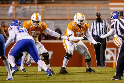 KNOXVILLE, TN - DECEMBER 05, 2020 - Offensive lineman Trey Smith #73 of the Tennessee Volunteers during the game between the Florida Gators and the Tennessee Volunteers at Neyland Stadium in Knoxville, TN. Photo By Kate Luffman/Tennessee Athletics