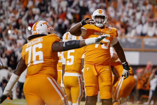 KNOXVILLE, TN - October 16, 2021 - Offensive lineman Jerome Carvin #75 of the Tennessee Volunteers during the game between the Ole Miss Rebels and the Tennessee Volunteers at Neyland Stadium in Knoxville, TN. Photo By Caleb Jones/Tennessee Athletics
