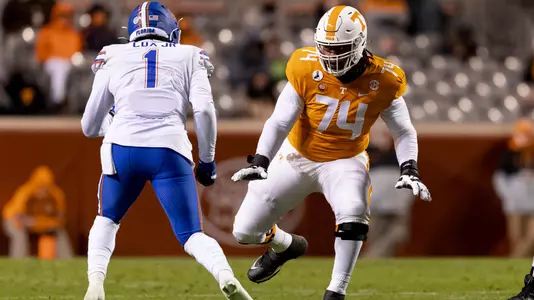 KNOXVILLE, TN - DECEMBER 05, 2020 - Offensive lineman K'Rojhn Calbert #74 of the Tennessee Volunteers during the game between the Florida Gators and the Tennessee Volunteers at Neyland Stadium in Knoxville, TN. Photo By Andrew Ferguson/Tennessee Athletics