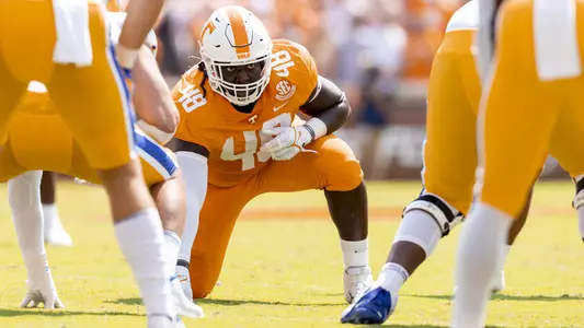 KNOXVILLE, TN - September 11, 2021 - Defensive lineman Ja'Quain Blakely #48 of the Tennessee Volunteers during the game between the Pittsburgh Panthers and the Tennessee Volunteers at Neyland Stadium in Knoxville, TN. Photo By Andrew Ferguson/Tennessee Athletics
