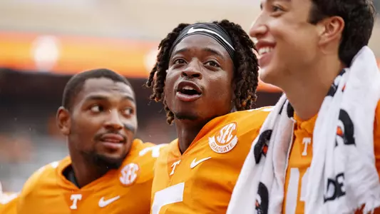 KNOXVILLE, TN - September 18, 2021 - Defensive back Kenneth George Jr. #5 of the Tennessee Volunteers after the game between the Tennessee Tech Golden Eagles and the Tennessee Volunteers at Neyland Stadium in Knoxville, TN. Photo By Caleb Jones/Tennessee Athletics