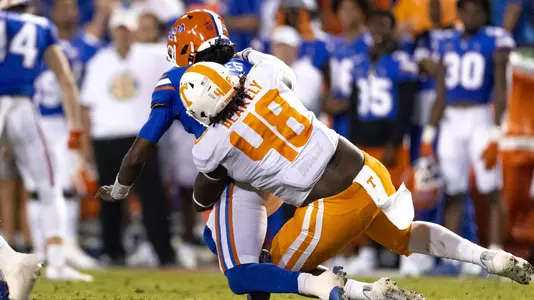 GAINESVILLE, FL - September 25, 2021 - Defensive lineman Ja'Quain Blakely #48 of the Tennessee Volunteers during the game between the Florida Gators and the Tennessee Volunteers at Ben Hill Griffin Stadium in Gainesville, FL. Photo By Andrew Ferguson/Tennessee Athletics