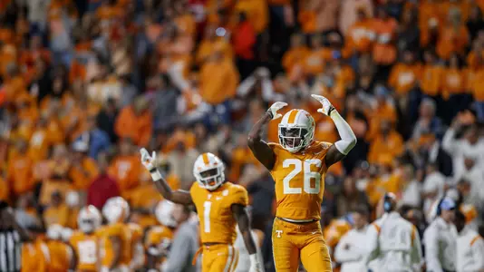 KNOXVILLE, TN - October 16, 2021 - Defensive back Theo Jackson #26 of the Tennessee Volunteers during the game between the Ole Miss Rebels and the Tennessee Volunteers at Neyland Stadium in Knoxville, TN. Photo By Caleb Jones/Tennessee Athletics
