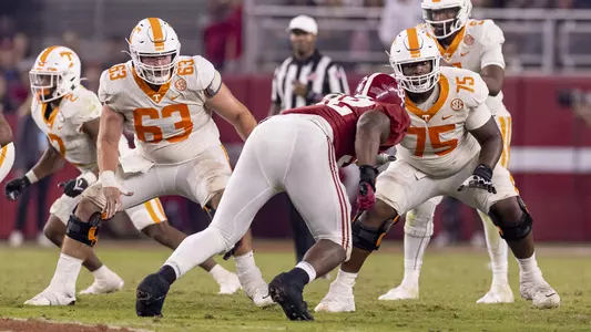 TUSCALOOSA, AL - October 23, 2021 - Offensive lineman Jerome Carvin #75 of the Tennessee Volunteers during the game between the Alabama Crimson Tide and the Tennessee Volunteers at Bryant-Denny Stadium in Tuscaloosa, AL. Photo By Andrew Ferguson/Tennessee Athletics