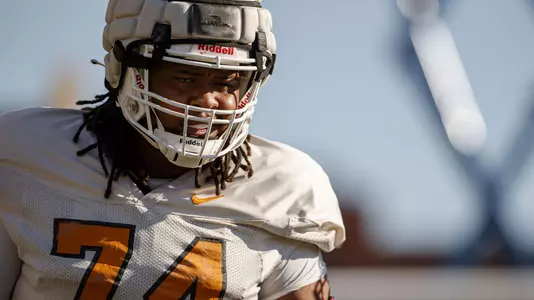 KNOXVILLE, TN - November 09, 2021 - Offensive lineman K'Rojhn Calbert #74 of the Tennessee Volunteers during practice on the Robert E. White indoor field in the Anderson Training Center in Knoxville, TN. Photo By Caleb Jones/Tennessee Athletics