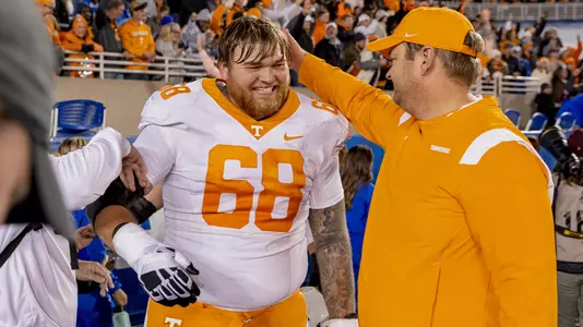 LEXINGTON, KY - November 06, 2021 - Offensive lineman Cade Mays #68 and Head Coach Josh Heupel of the Tennessee Volunteers after the game between the Kentucky Wildcats and the Tennessee Volunteers at Kroger Field in Lexington, KY. Photo By Andrew Ferguson/Tennessee Athletics