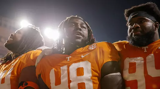 KNOXVILLE, TN - November 27, 2021 - Defensive lineman Ja'Quain Blakely #48 and Defensive lineman Matthew Butler #94 of the Tennessee Volunteers after the game between the Vanderbilt Commodores and the Tennessee Volunteers at Neyland Stadium in Knoxville, TN. Photo By Caleb Jones/Tennessee Athletics