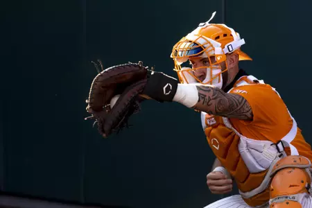 KNOXVILLE, TN - February 24, 2021 - Catcher Jackson Greer #19 of the Tennessee Volunteers before the game between the Arkansas Pine Bluff Golden Lions and the Tennessee Volunteers at Lindsey Nelson Stadium in Knoxville, TN. Photo By Andrew Ferguson/Tennessee Athletics