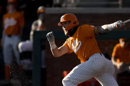 KNOXVILLE, TN - February 24, 2021 - Catcher Jackson Greer #19 of the Tennessee Volunteers during the game between the Arkansas Pine Bluff Golden Lions and the Tennessee Volunteers at Lindsey Nelson Stadium in Knoxville, TN. Photo By Andrew Ferguson/Tennessee Athletics