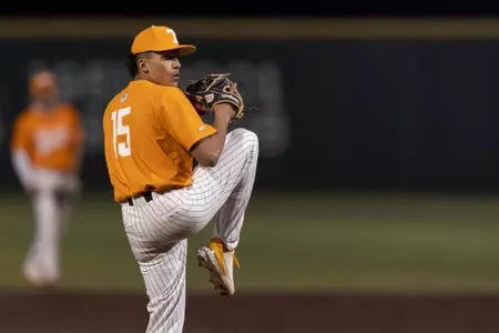 KNOXVILLE, TN - February 24, 2021 - Pitcher Shawn Scott #15 of the Tennessee Volunteers during the game between the Arkansas Pine Bluff Golden Lions and the Tennessee Volunteers at Lindsey Nelson Stadium in Knoxville, TN. Photo By Andrew Ferguson/Tennessee Athletics