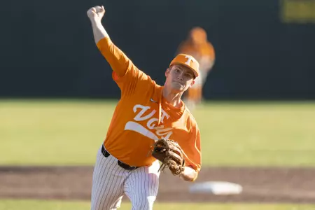 KNOXVILLE, TN - February 24, 2021 - Pitcher Mark McLaughlin #33 of the Tennessee Volunteers during the game between the Arkansas Pine Bluff Golden Lions and the Tennessee Volunteers at Lindsey Nelson Stadium in Knoxville, TN. Photo By Andrew Ferguson/Tennessee Athletics