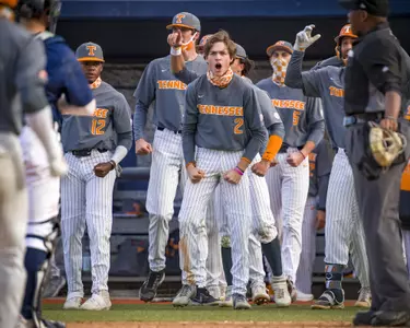 STATESBORO, GA - February 21, 2021 - Infielder/Outfielder Max Ferguson #2 of the Tennessee Volunteers during the game between the Georgia Southern Eagles and the Tennessee Volunteers at J. I. Clements Stadium in Statesboro, GA. Photo By AJ Henderson / Georgia Southern Athletics