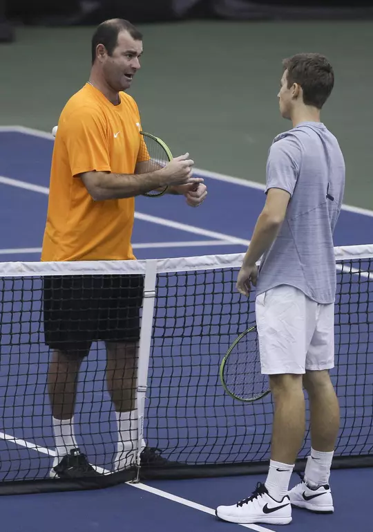 KNOXVILLE,TN - OCTOBER 22, 2016 - Coach Chris Woodruff and Luca Wiedenmann during the ITA Ohio Valley Regional Tennis Tournament at Goodfriend Tennis Center in Knoxville, TN. Photo By Amanda Izzi/Tennessee Athletics