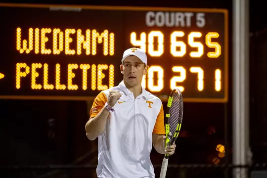 KNOXVILLE, TN - MARCH 15, 2019 - Luca Wiedenmann of the Tennessee Volunteers during the match between the South Carolina Gamecocks and the Tennessee Volunteers at Goodfriend Tennis Center in Knoxville, TN. Photo By Kelly Gerdin/Tennessee Athletics