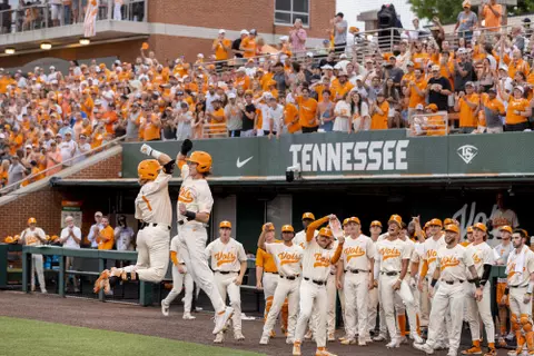 KNOXVILLE, TN - June 06, 2021 - Outfielder/Pitcher Drew Gilbert #1 of the Tennessee Volunteers during the 2021 NCAA Baseball tournament regional game between the Liberty Flames and the Tennessee Volunteers at Lindsey Nelson Stadium in Knoxville, TN. Photo By Andrew Ferguson/Tennessee Athletics