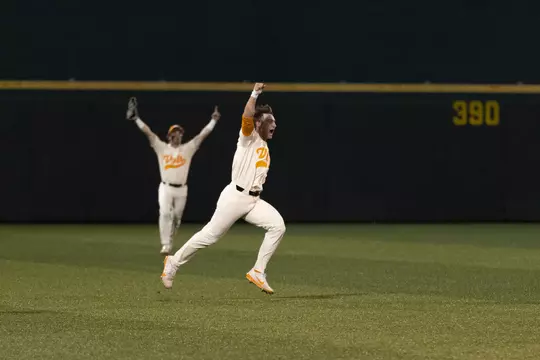 KNOXVILLE, TN - June 06, 2021 - Outfielder Evan Russell #6 of the Tennessee Volunteers celebratess after the 2021 NCAA Baseball tournament regional game between the Liberty Flames and the Tennessee Volunteers at Lindsey Nelson Stadium in Knoxville, TN. Photo By Andrew Ferguson/Tennessee Athletics