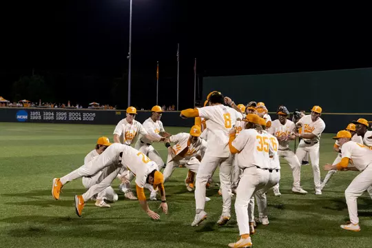 KNOXVILLE, TN - June 06, 2021 - Head Coach Tony Vitello of the Tennessee Volunteers celebrate after the 2021 NCAA Baseball tournament regional game between the Liberty Flames and the Tennessee Volunteers at Lindsey Nelson Stadium in Knoxville, TN. Photo By Andrew Ferguson/Tennessee Athletics