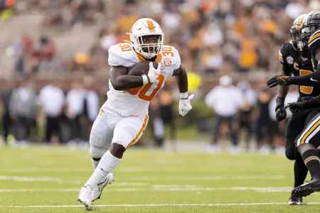 COLUMBIA, MO - October 02, 2021 - Running back Marcus Pierce Jr. #30 of the Tennessee Volunteers during the game between the Missouri Tigers and the Tennessee Volunteers at Faurot Field in Columbia, MO. Photo By Andrew Ferguson/Tennessee Athletics