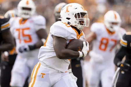 COLUMBIA, MO - October 02, 2021 - Running back Marcus Pierce Jr. #30 of the Tennessee Volunteers during the game between the Missouri Tigers and the Tennessee Volunteers at Faurot Field in Columbia, MO. Photo By Andrew Ferguson/Tennessee Athletics