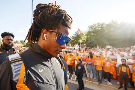 KNOXVILLE, TN - October 16, 2021 - Running back Dee Beckwith #21 of the Tennessee Volunteers during the Vol Walk before the game between the Ole Miss Rebels and the Tennessee Volunteers at Neyland Stadium in Knoxville, TN. Photo By Caleb Jones/Tennessee Athletics