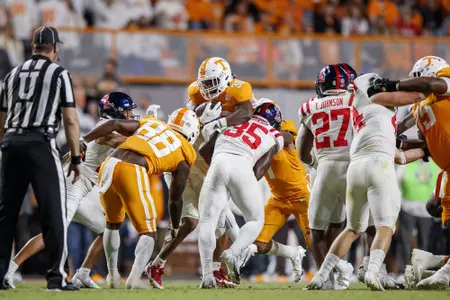KNOXVILLE, TN - October 16, 2021 - Running back Marcus Pierce Jr. #30 of the Tennessee Volunteers during the game between the Ole Miss Rebels and the Tennessee Volunteers at Neyland Stadium in Knoxville, TN. Photo By Caleb Jones/Tennessee Athletics