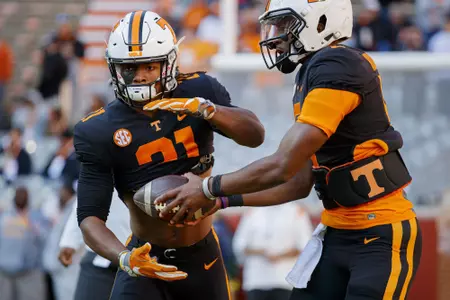 KNOXVILLE, TN - November 13, 2021 - Running back Dee Beckwith #21 and Quarterback Hendon Hooker #5 of the Tennessee Volunteers before the game between the Georgia Bulldogs and the Tennessee Volunteers at Neyland Stadium in Knoxville, TN. Photo By Caleb Jones/Tennessee Athletics