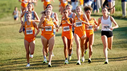 KNOXVILLE, TN - September 02, 2022 - Andie-Marie Jones of the Tennessee Volunteers, Rachel Sutliff of the Tennessee Volunteers, Callie Tucker of the Tennessee Volunteers, Msgana Araya and Audrey Thronson of the Tennessee Volunteers during the Tennessee Cross Country Invitational at Cherokee Farm Cross Country Course in Knoxville, TN. Photo By Kate Luffman/Tennessee Athletics