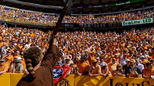 BATON ROUGE, LA - October 08, 2022 - Vol fans celebrate during the game between the LSU Tigers and the Tennessee Volunteers at Tiger Stadium in Baton Rouge, LA. Photo By Andrew Ferguson/Tennessee Athletics