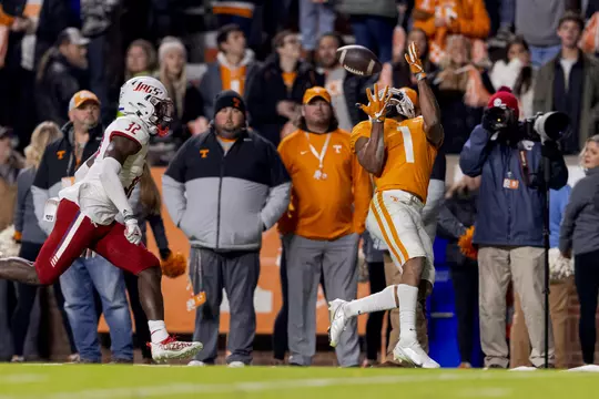 KNOXVILLE, TN - November 20, 2021 - Wide receiver Velus Jones Jr. #1 of the Tennessee Volunteers during the game between the South Alabama Jaguars and the Tennessee Volunteers at Neyland Stadium in Knoxville, TN. Photo By Andrew Ferguson/Tennessee Athletics