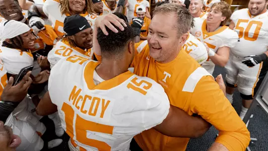 PITTSBURGH, PA - September 10, 2022 - Wide receiver Bru McCoy #15 and Head Coach Josh Heupel of the Tennessee Volunteers after the game between the Pittsburgh Panthers and the Tennessee Volunteers at Acrisure Stadium in Pittsburgh, PA. Photo By Andrew Ferguson/Tennessee Athletics