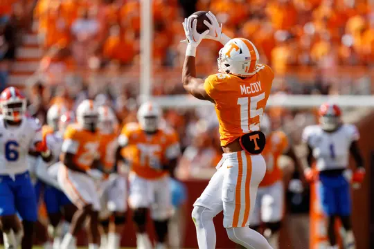 KNOXVILLE, TN - September 24, 2022 - Wide receiver Bru McCoy #15 of the Tennessee Volunteers during the game between the Florida Gators and the Tennessee Volunteers at Neyland Stadium in Knoxville, TN. Photo By Ian Cox