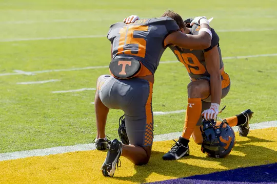 BATON ROUGE, LA - October 08, 2022 - Wide receiver Bru McCoy #15 and Wide receiver Walker Merrill #19 of the Tennessee Volunteers before the game between the LSU Tigers and the Tennessee Volunteers at Tiger Stadium in Baton Rouge, LA. Photo By Andrew Ferguson/Tennessee Athletics