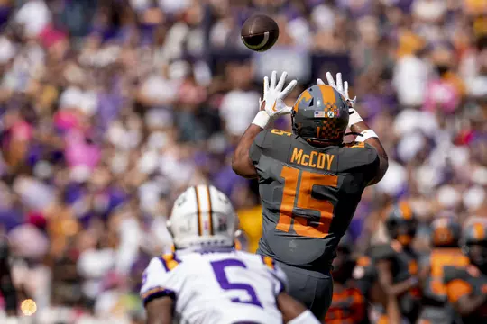 BATON ROUGE, LA - October 08, 2022 - Wide receiver Bru McCoy #15 of the Tennessee Volunteers during the game between the LSU Tigers and the Tennessee Volunteers at Tiger Stadium in Baton Rouge, LA. Photo By Andrew Ferguson/Tennessee Athletics
