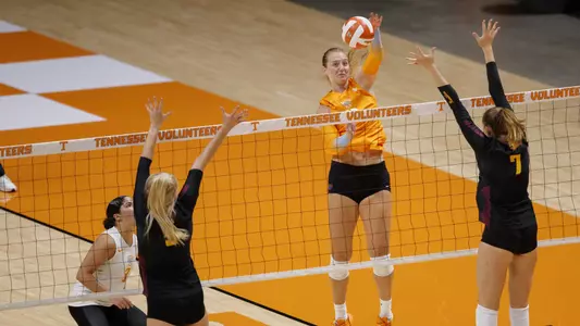 KNOXVILLE, TN - August 26, 2022 - Outside hitter Emily Merrick #13 of the Tennessee Lady Volunteers during the game between the Loyola University-Chicago Ramblers and the Tennessee Lady Volunteers at Thompson?Boling Arena in Knoxville, TN. Photo By Emma Corona/Tennessee Athletics