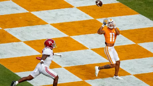 KNOXVILLE, TN - October 15, 2022 - Wide receiver Jalin Hyatt #11 of the Tennessee Volunteers during the game between the Alabama Crimson Tide and the Tennessee Volunteers at Thompson-Boling Arena in Knoxville, TN. Photo By Kate Luffman/Tennessee Athletics