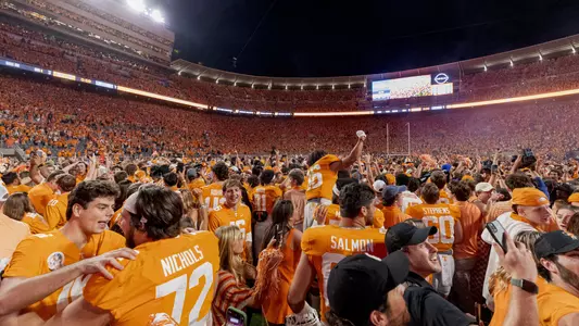 KNOXVILLE, TN - October 15, 2022 - Vol fans storm the field after the game between the Alabama Crimson Tide and the Tennessee Volunteers at Neyland Stadium in Knoxville, TN. Photo By Andrew Ferguson/Tennessee Athletics
