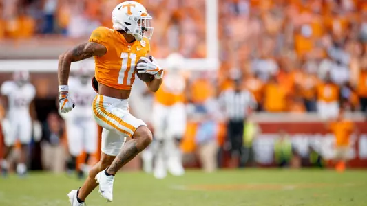 KNOXVILLE, TN - October 15, 2022 - Wide receiver Jalin Hyatt #11 of the Tennessee Volunteers during the game between the Alabama Crimson Tide and the Tennessee Volunteers at Neyland Stadium in Knoxville, TN. Photo By Kate Luffman/Tennessee Athletics
