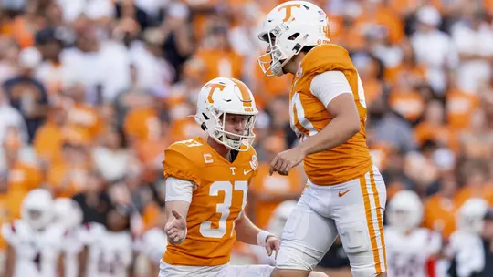 KNOXVILLE, TN - September 01, 2022 - Punter Paxton Brooks #37 and Place kicker Chase McGrath #40 of the Tennessee Volunteers during the game between the Ball State Cardinals and the Tennessee Volunteers at Neyland Stadium in Knoxville, TN. Photo By Andrew Ferguson/Tennessee Athletics