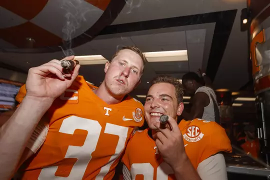 KNOXVILLE, TN - October 15, 2022 - Place kicker Toby Wilson #39 of the Tennessee Volunteers and Punter Paxton Brooks #37 of the Tennessee Volunteers after the game between the Alabama Crimson Tide and the Tennessee Volunteers at Neyland Stadium in Knoxville, TN. Photo By Kate Luffman/Tennessee Athletics