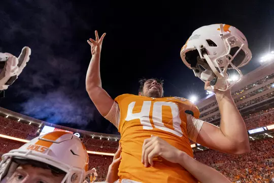 KNOXVILLE, TN - October 15, 2022 - Place kicker Chase McGrath #40 of the Tennessee Volunteers after the game between the Alabama Crimson Tide and the Tennessee Volunteers at Neyland Stadium in Knoxville, TN. Photo By Andrew Ferguson/Tennessee Athletics