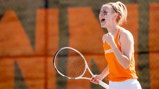 KNOXVILLE, TN - March 04, 2022 - Rebeka Mertena of the Tennessee Lady Volunteers during the game between the Mississippi St. Bulldogs and the Tennessee Lady Volunteers at Goodfriend Tennis Center in Knoxville, TN. Photo By Andrew Ferguson/Tennessee Athletics