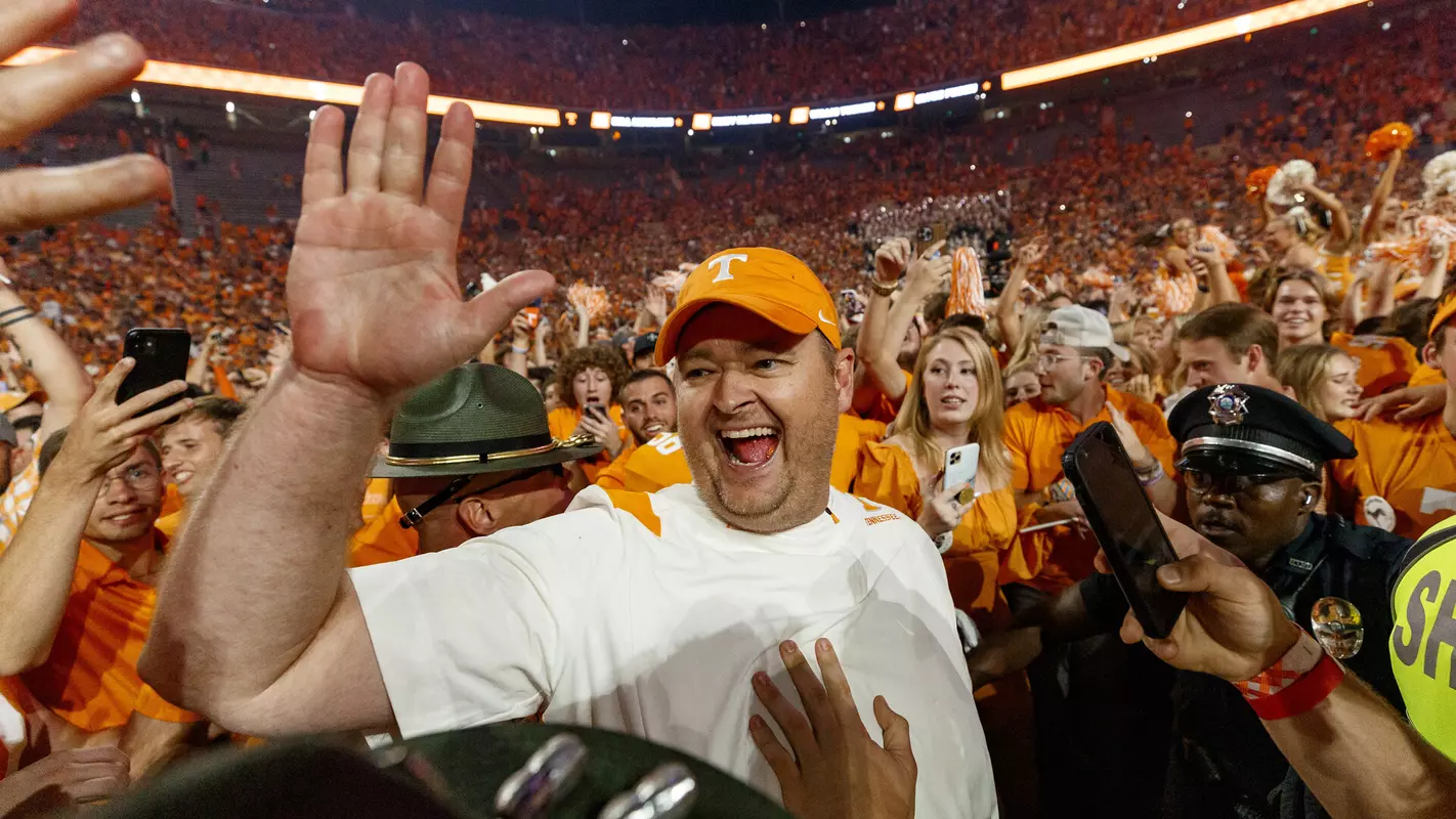 KNOXVILLE, TN - October 15, 2022 - Head Coach Josh Heupel of the Tennessee Volunteers after the game between the Alabama Crimson Tide and the Tennessee Volunteers at Neyland Stadium in Knoxville, TN. Photo By Kate Luffman/Tennessee Athletics