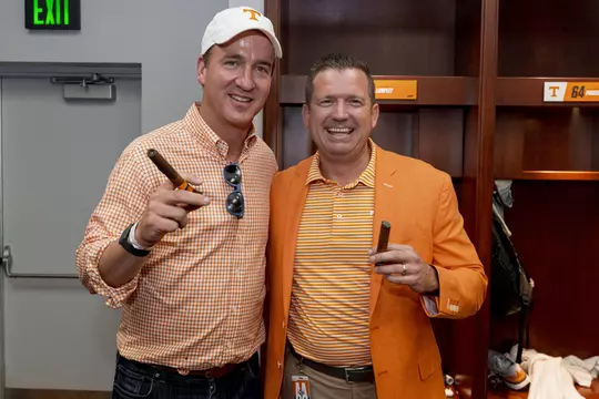 KNOXVILLE, TN - October 15, 2022 - VFL Peyton Manning and Vice Chancellor/Director of Athletics Danny White after the game between the Alabama Crimson Tide and the Tennessee Volunteers at Neyland Stadium in Knoxville, TN. Photo By Andrew Ferguson/Tennessee Athletics