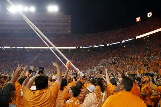 KNOXVILLE, TN - OCTOBER 15, 2022 - Goalposts coming down after the game between the Alabama Crimson Tide and the Tennessee Volunteers at Neyland Stadium in Knoxville, TN. Photo By Avery Bane/Tennessee Athletics