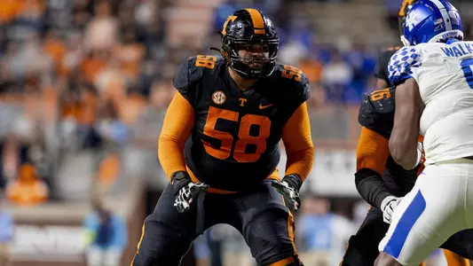 KNOXVILLE, TN - October 29, 2022 - Offensive lineman Darnell Wright #58 of the Tennessee Volunteers during the game between the Kentucky Wildcats and the Tennessee Volunteers at Neyland Stadium in Knoxville, TN. Photo By Andrew Ferguson/Tennessee Athletics