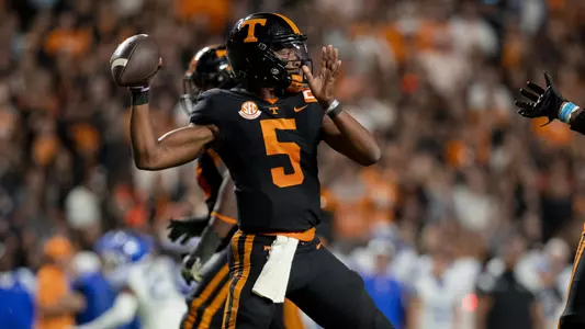 KNOXVILLE, TN - October 29, 2022 - Quarterback Hendon Hooker #5 of the Tennessee Volunteers during the game between the Kentucky Wildcats and the Tennessee Volunteers at Neyland Stadium in Knoxville, TN. Photo By Emma Corona/Tennessee Athletics